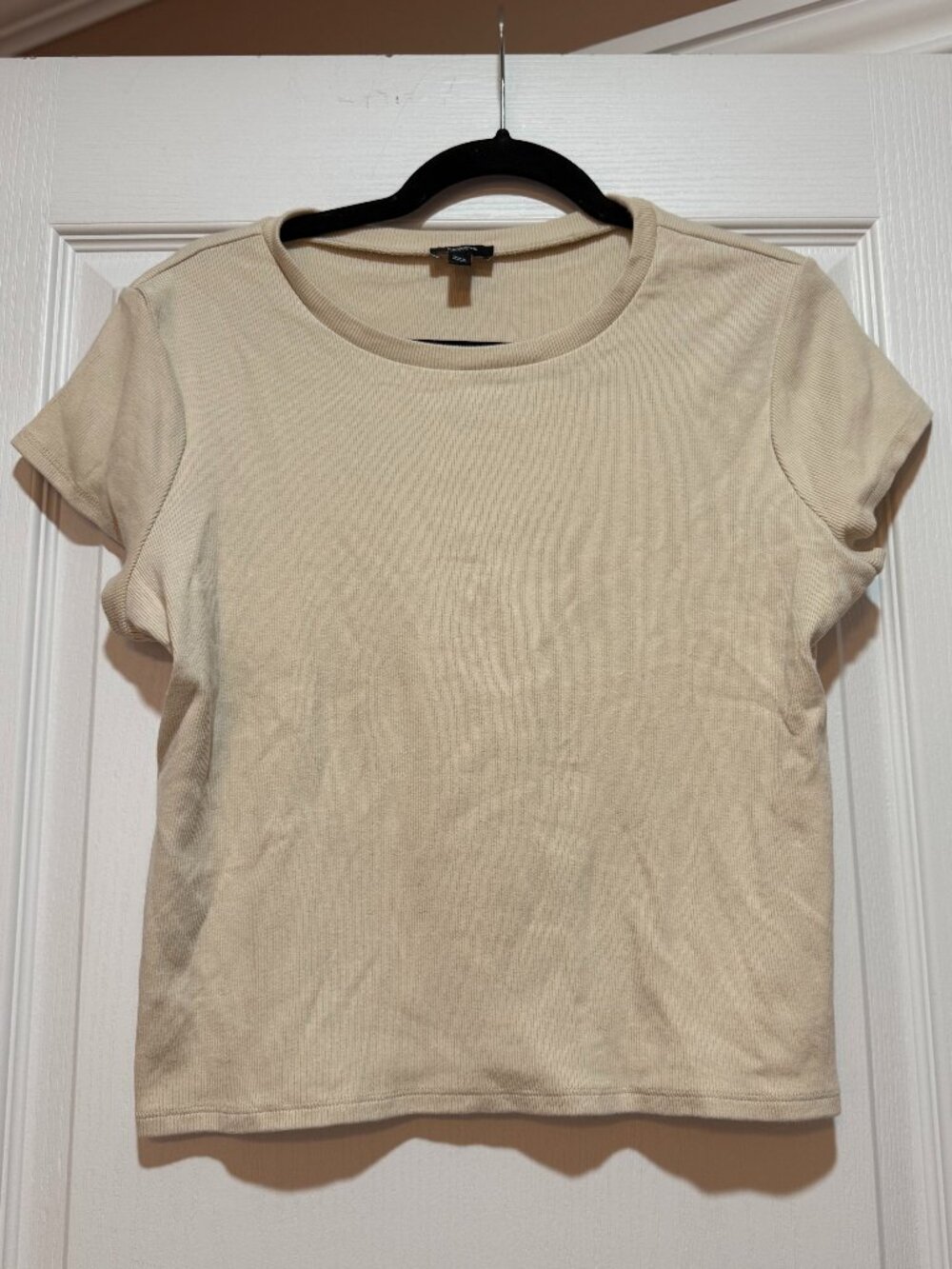 Express Women's XL Ribbed Crew Neck Short Sleeve Tee Cream Ivory Stretch Top